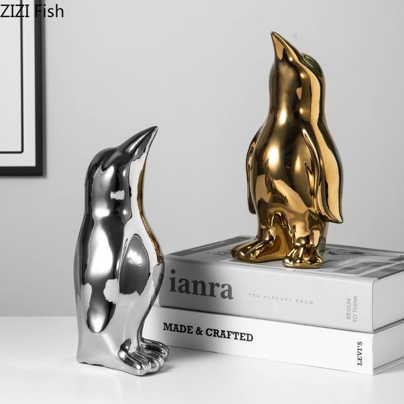 Creative Penguin Gold-plated Ceramic Statue Desk Decoration Penguin Sculpture Abstract Crafts Ornaments Room Aesthetics Decor