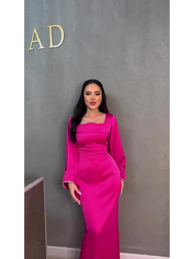 Slim Satin Rhinestone Dress: European & American Style, Long-Sleeved, Tie-Up, 2024 Autumn Women's Fashion.