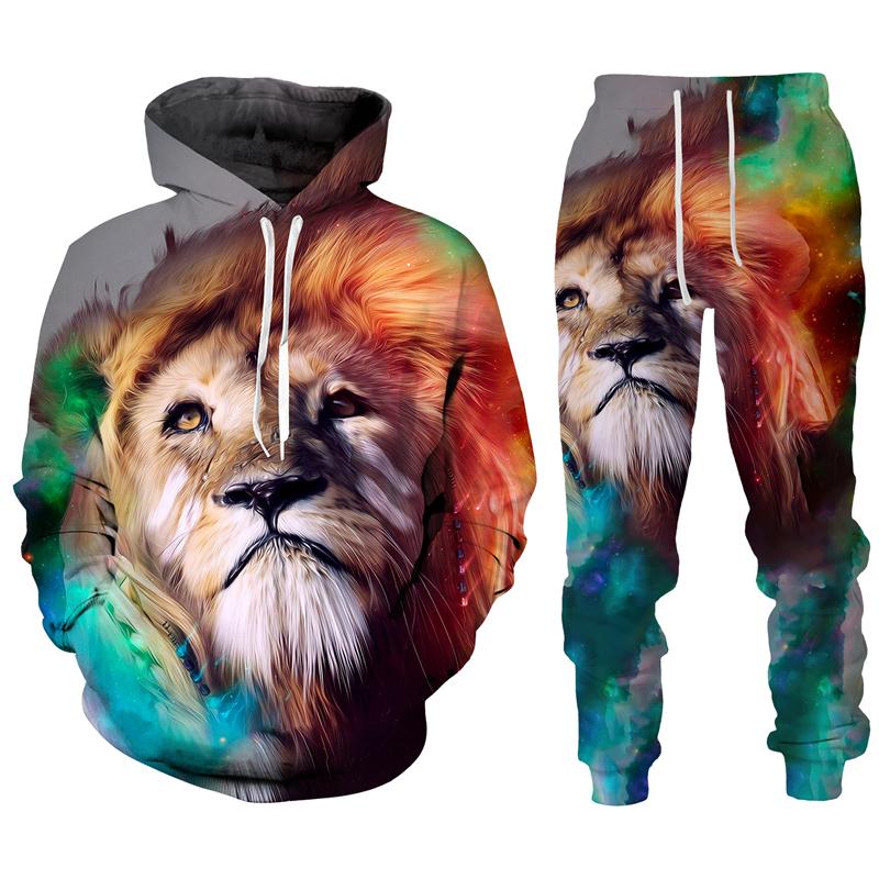 Trend Animal The Lion 3D Print Men's Tracksuit Sets Casual Hoodie And Pants 2pcs Sets Oversized Sweatshirt Fashion Men Clothing