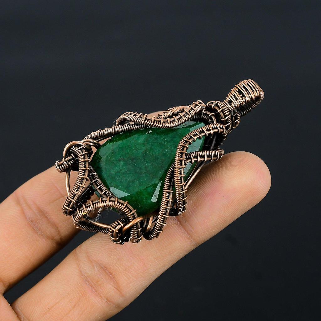 Emerald Pendant, 999 Copper Wire Wrapped Pendant Gemstone Jewelry, Handmade Pendant Amazing Jewelry, Gift For Her