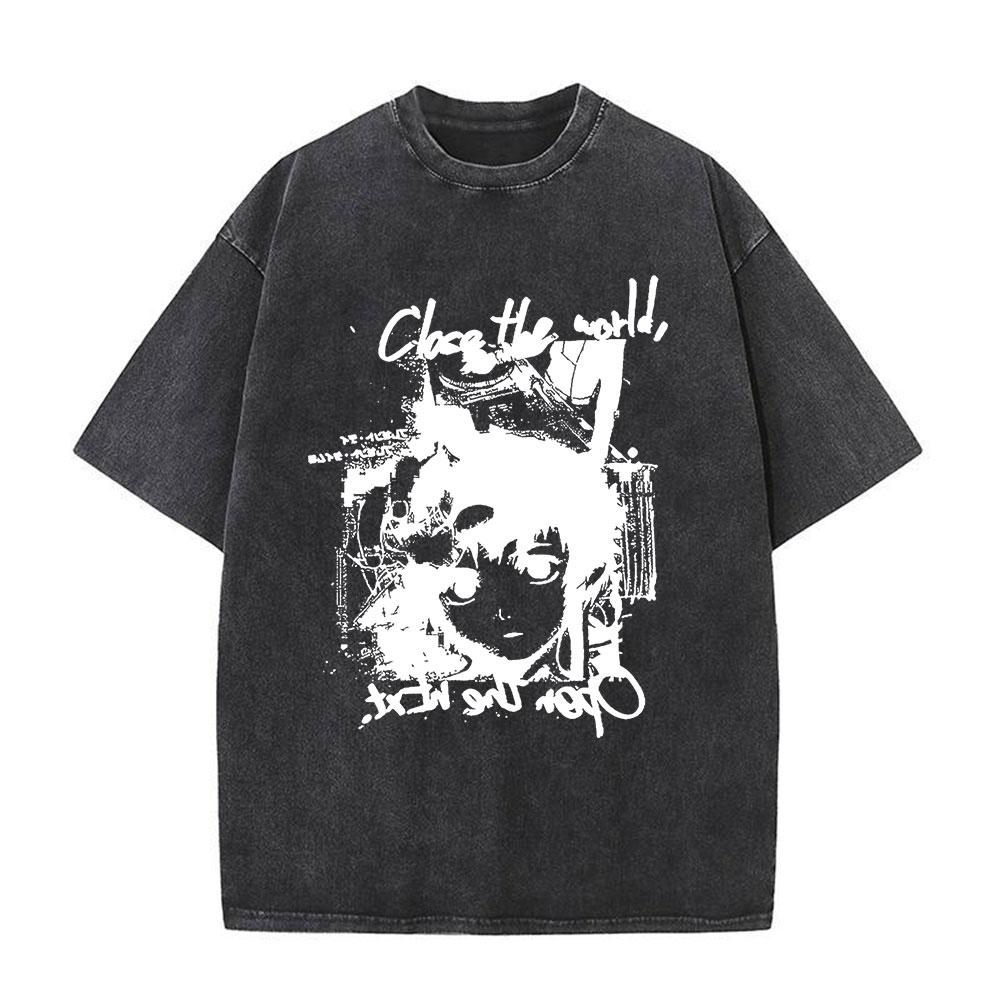 Japanese Anime Serial Experiments Lain Vintage Washed T Shirt Manga Iwakura Girl Sci Fi T-shirts Men 100% Cotton Casual T Shirt