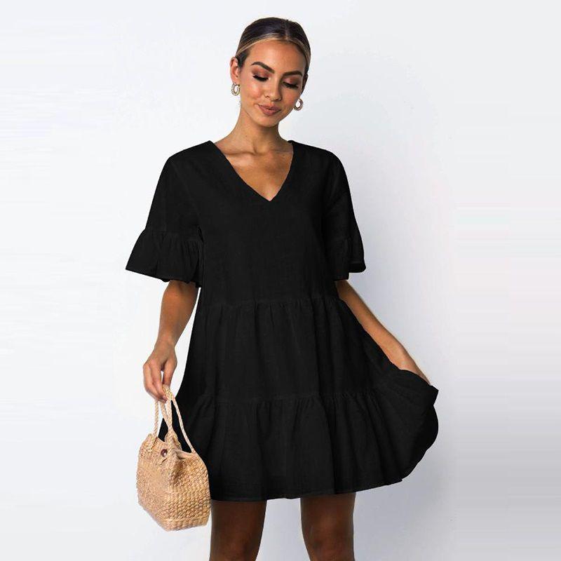 

Elegant Women V-neck Plain Smock Dress With Loose Fit And Short Sleeve Design M чёрный