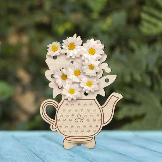Home Soft Furnishing Wooden Teapot Shape Flower Holder, Natural Wood Floral Display Stand, DIY Hand Painted Art Blank Vase Decor for Artificial