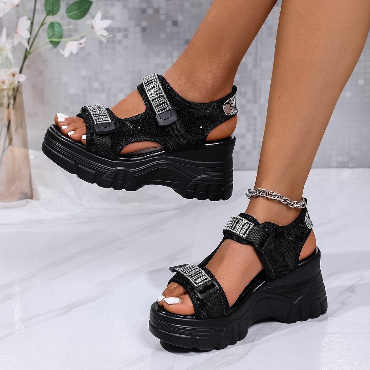 

Женские летние босоножки на танкетке со стразами, повседневная спортивная пляжная обувь, удобная мягкая подошва, регулируемая застежка 42 чёрный