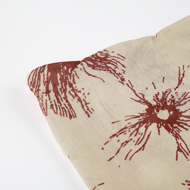 Retro síťované patchworkové krátké topy na jedno rameno s potiskem rostlin, sexy kontrastní barvy, slim fit košile s dlouhým rukávem pro pikantní dívky, dámská trička