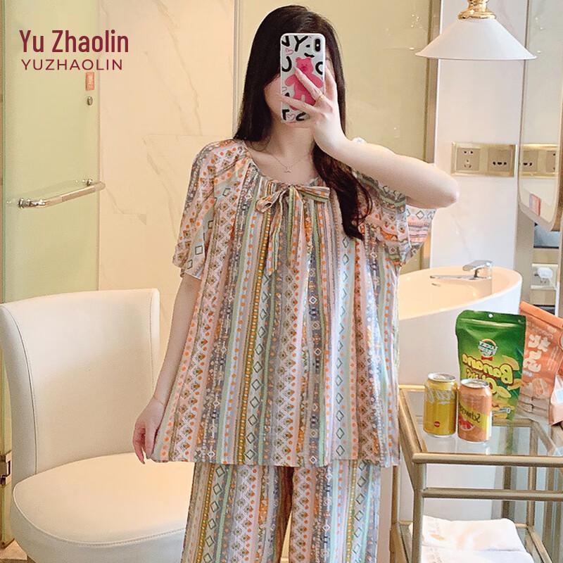 YUZHAOLIN Women s Chinese Style Summer Short-Sleeve Pajama Set One Size