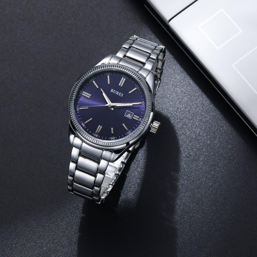 BUREI Analog Quartz Simple Date Easy To Stainless Popular Business Day Gift Men's Watch, Blue, Display, Waterproof, Read, Steel, Brand, Stylish,