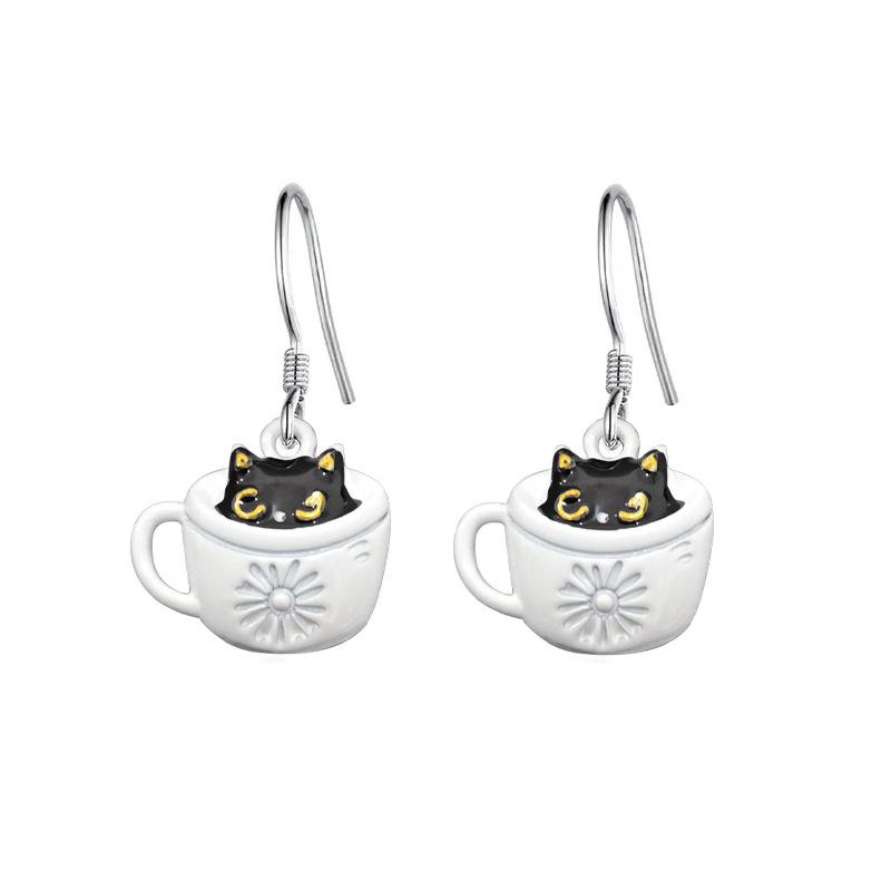 Cute Black Cat In Coffee Cup Drop Earrings for Women Sweet Enamel Cat Design Dangle Earrings Fashion Daily Jewelry