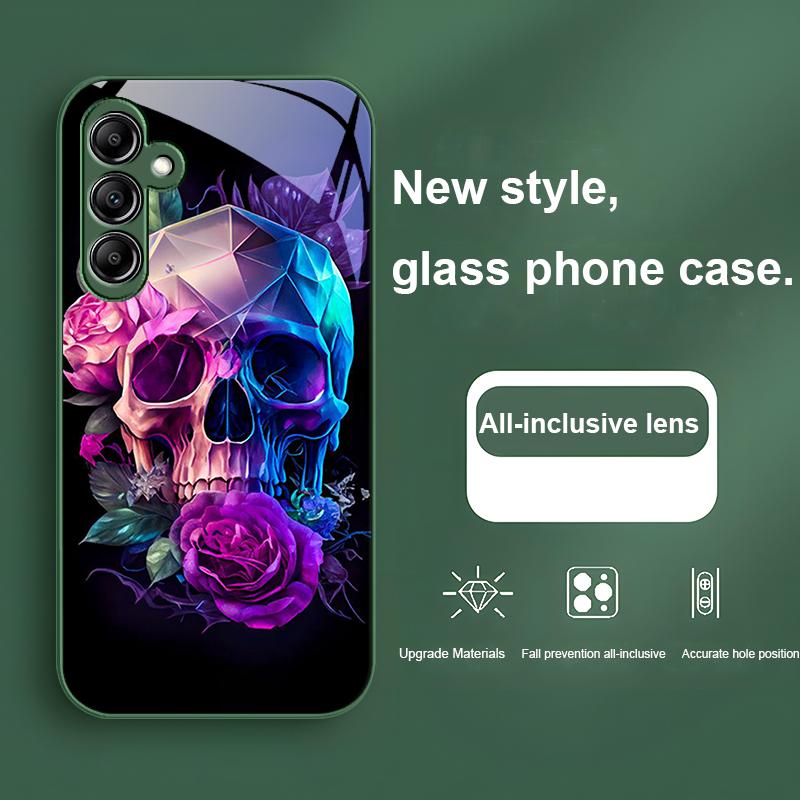 Cartoon Roses And Skulls For Samsung Galaxy A01 02 03 Core A04 A14 4G A13 54 34 31 20 25 23 22 5G S21 Ultra S20 Glass Phone Case