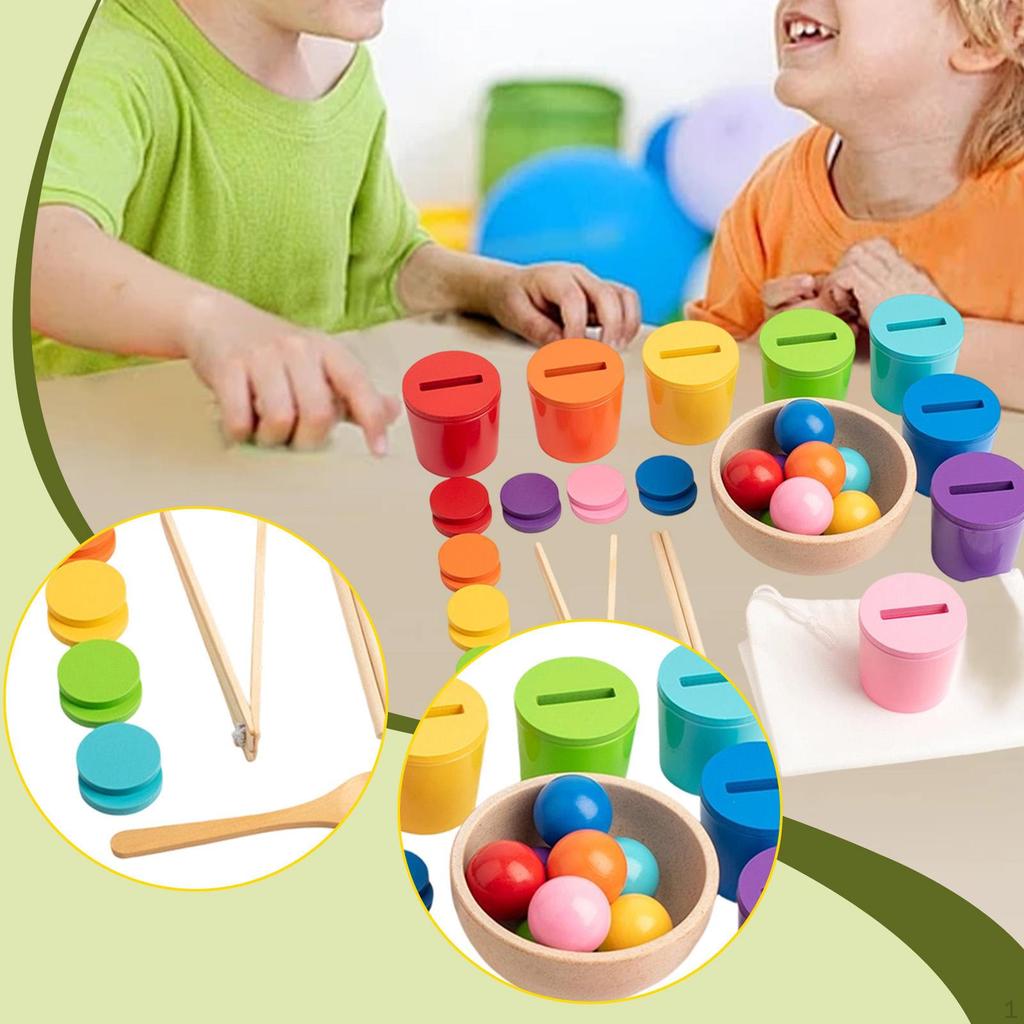 Rainbow Balls in Cups Wooden Matching Games Learning Color Sorting and Counting Educational