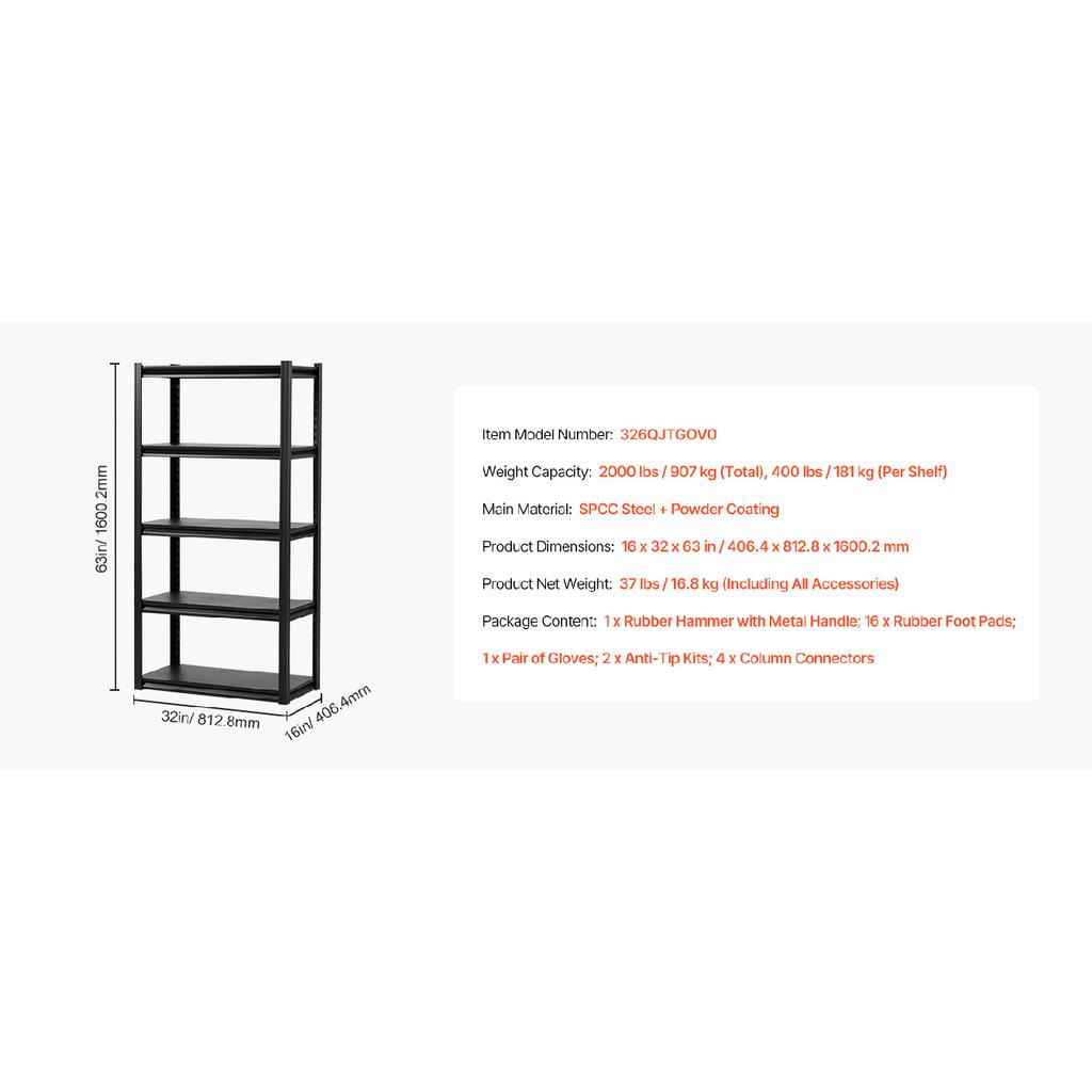 SucceBuy 5-Tier Garage Storage Shelves 2000 lbs Adjustable Metal Shelving Utility Rack Shelf for Kitchen Warehouse Basement