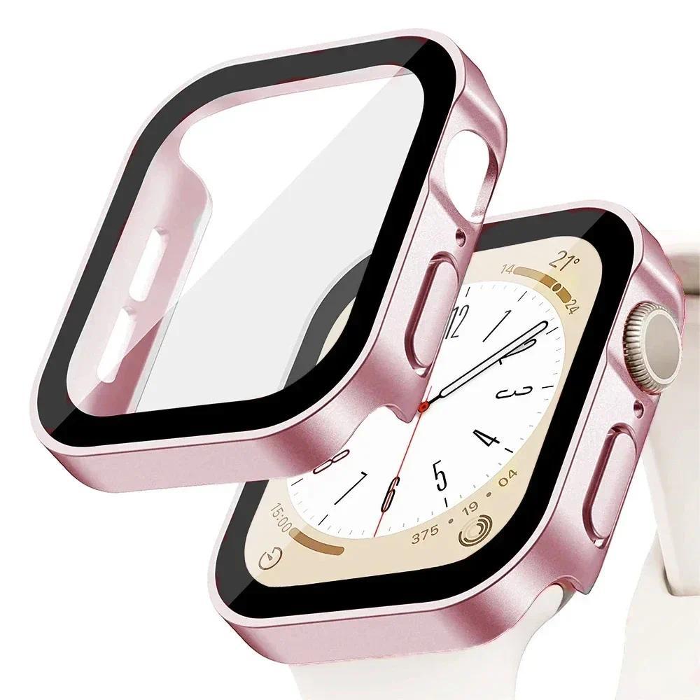 Glass+Case For Apple Watch 42 46mm 45mm 41mm 49mm 44mm 40mm Straight Edge Screen Protector Cover Case iWatch SE 6 7 8 9 10 Ultra