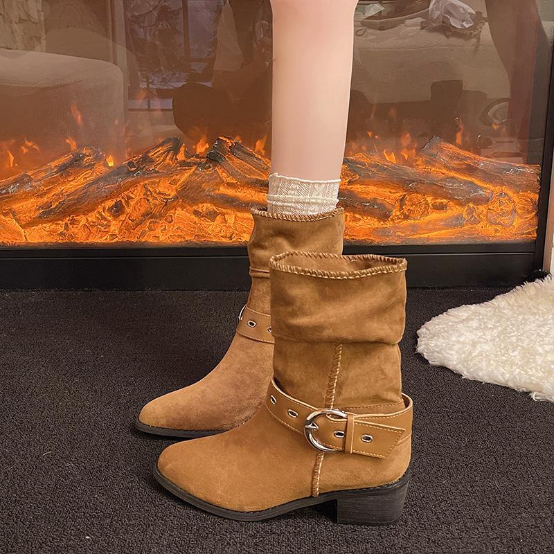 2025 new model of the same retro style women's western cowboy boots pointed long tube knight thin pile boots wasteland trend