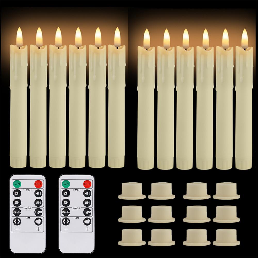 Pack of 12/24pc Flameless Flickering Ivory Taper Candles with Remote Battery Operated LED 3D Wick Candle Christmas Wedding Decor