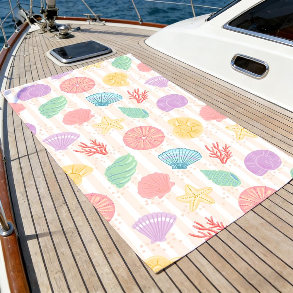 Cute Coastal Beach Towel – Soft Absorbent Microfiber with Pastel Shell & Coral Print for Summer
