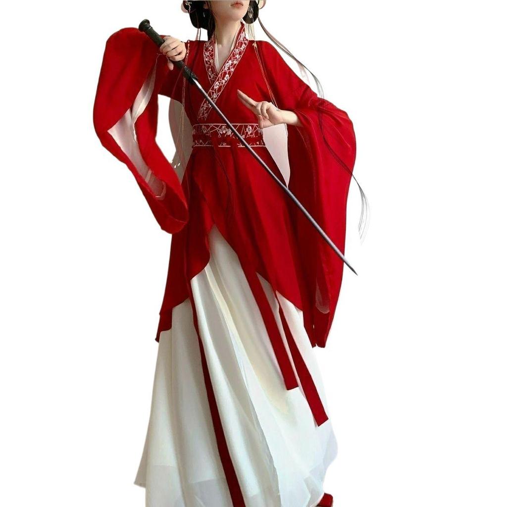 Dámský červený set Hanfu, výšivka, křížový límec, starověký čínský kostým pro Cosplay a každodenní nošení