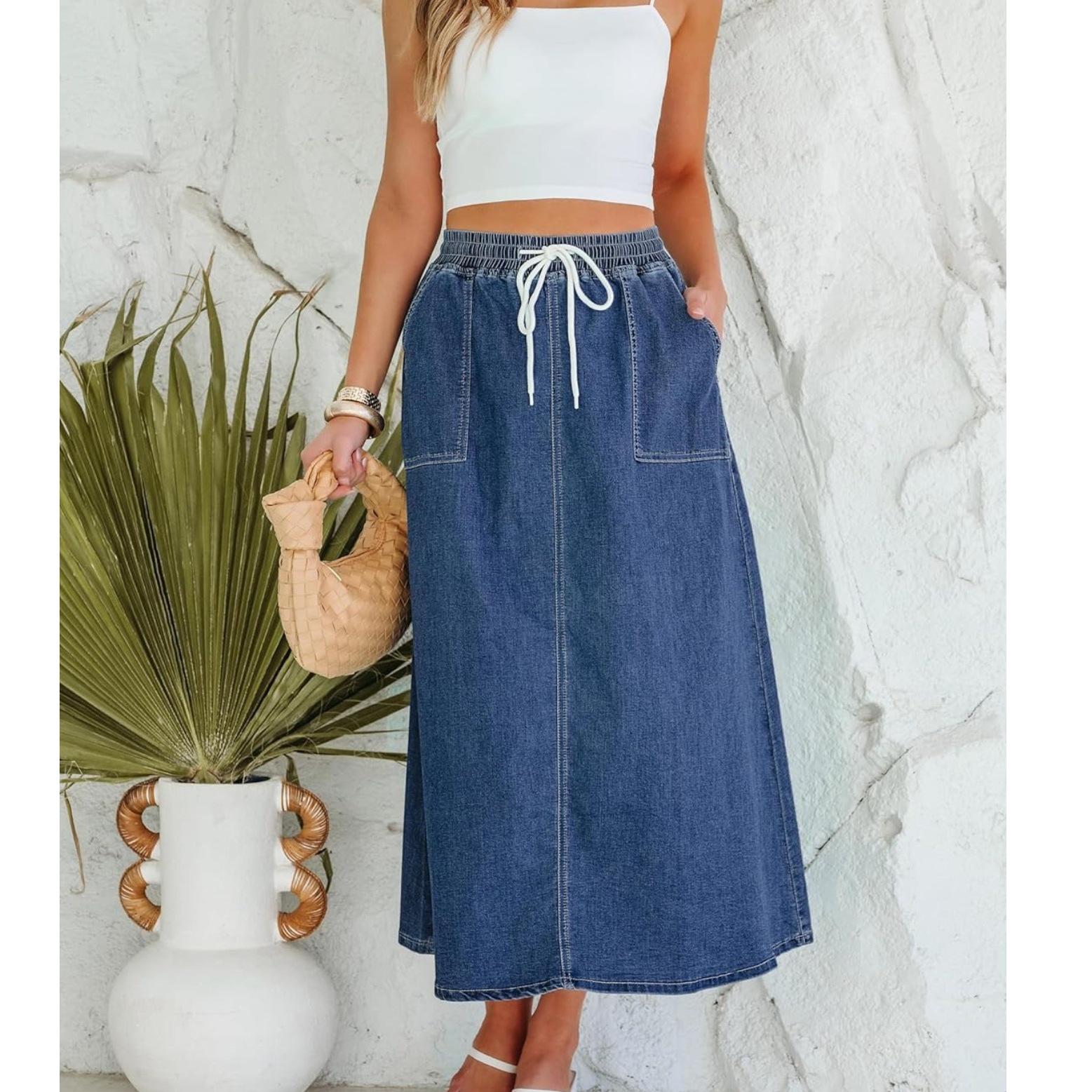 25AW Casual Elegant Washed Denim Drawstring Skirt Large синий