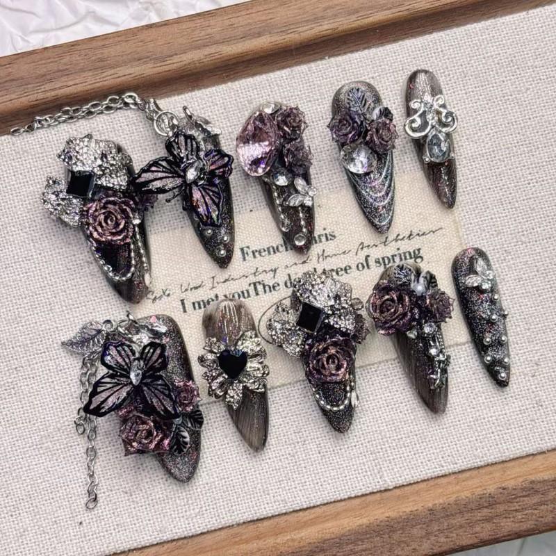 Handmade 3D Black Butterfly Press-On Nails Medium-Length Women Elegant Wearable Nail Tips