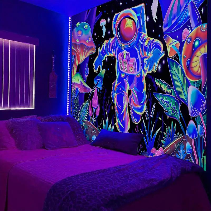 1pc Astronaut Fluorescent Tapestry, UV Responsive Forest Mushroom Tapestry, Galactic Space Tapestry