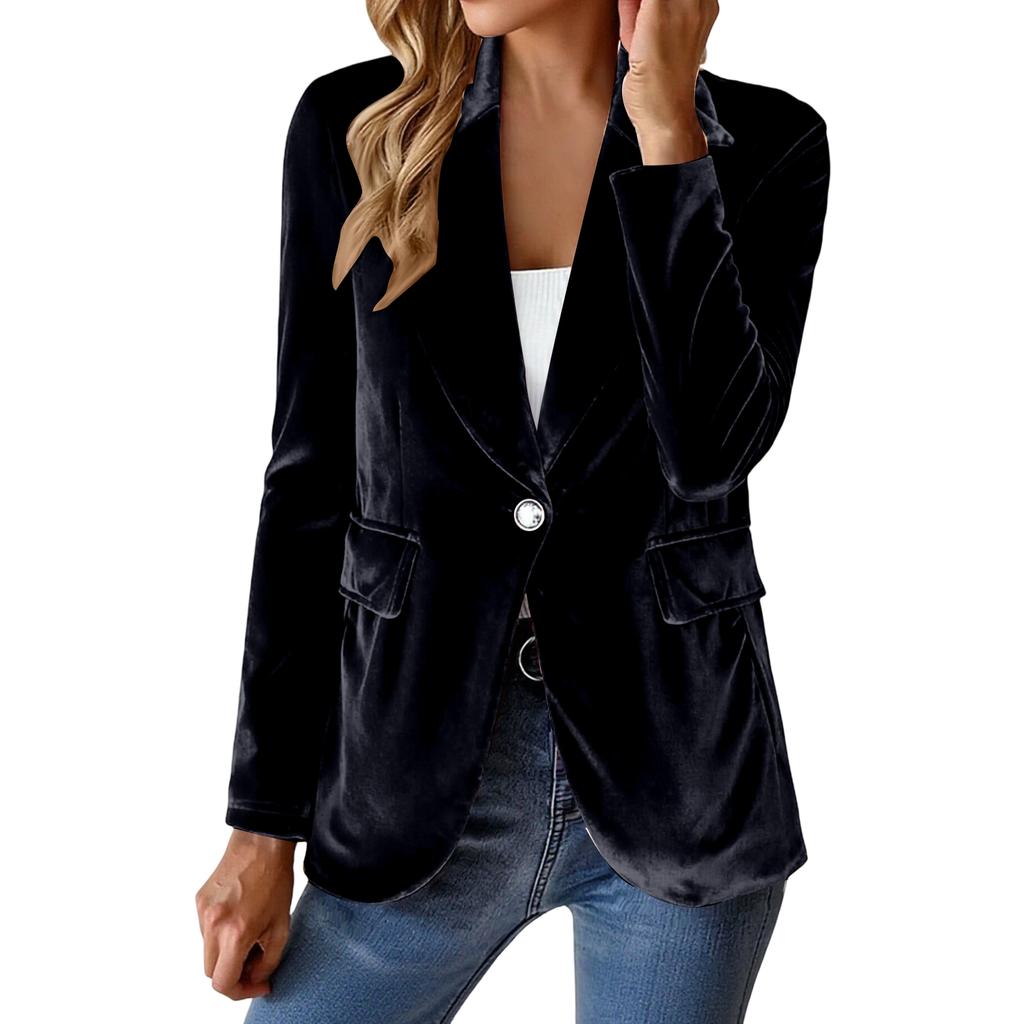 Women's Fashion Elegant Solid Color Long Sleeve Velvet Blazer Button Closure Notched Lapel Suit Jacket for Office Work Casual Wear