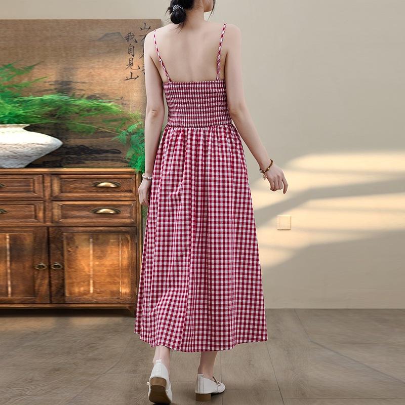 Gentle wind blue plaid suspender dress women's summer new waist thin lace long skirt