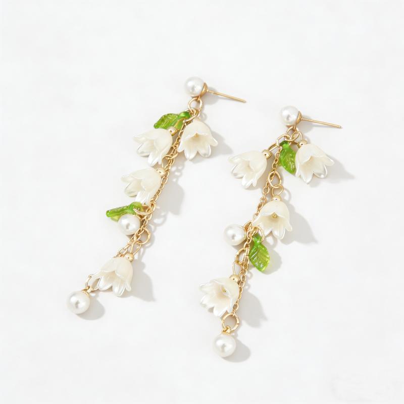 2026 Fashionable Women'S Jewelry : Lily Of The Valley & Pearl Green Ear-Cuff Bracelet And Long Earrings