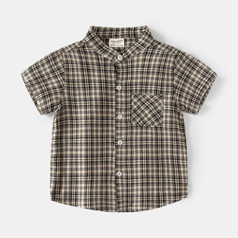 Children's Clothing Summer Boys' Stand Collar Short Sleeve Plaid Shirt Kids Casual Pocket Shirt Baby Boys' Half Sleeve Tops