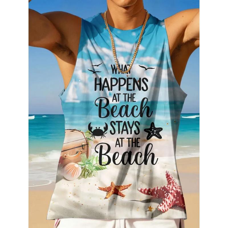 Summer Round Neck 3D Palm Leaf Printed Top Fashionable Casual Hawaiian Beach Sleeveless Vest Men's T-shirts