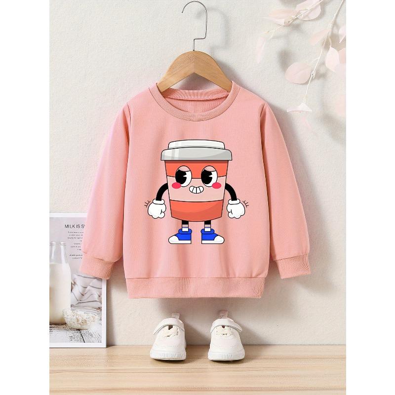 Kids Cartoon Coffee Cup Print Crew Neck Sweatshirt - Regular Fit, Applique Detail, Slight Stretch, Casual Style 110