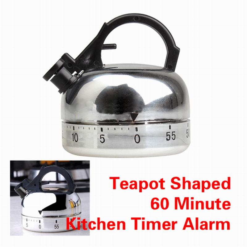 Teapot Shaped 60 Minute Kitchen Timer Stainless Steel Mechanical Wind-Up Timer
