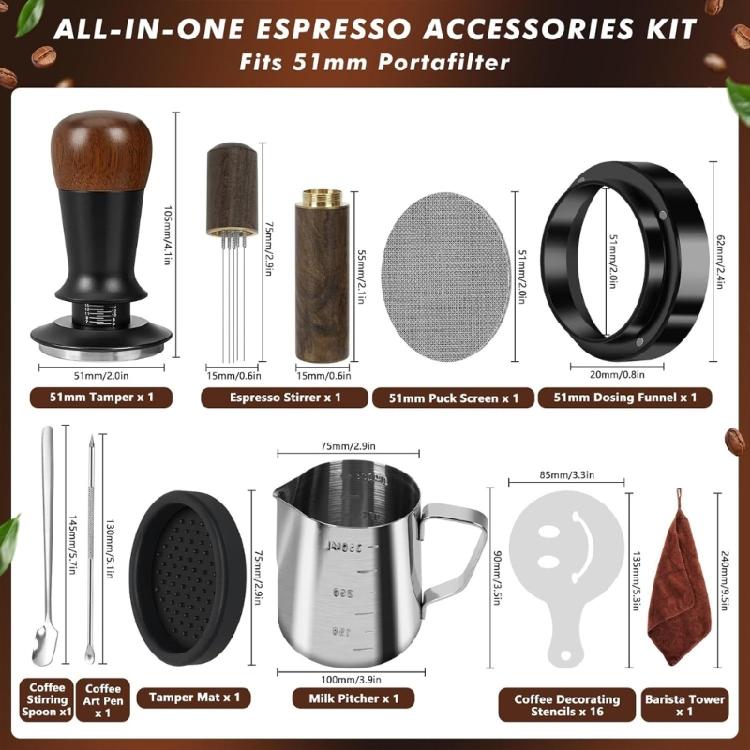 Coffee Use Starter Set with Metal Tamper, Milk Pouring Pitcher, Grounds Distributor and Dosing Guide Support for Home Counter Area