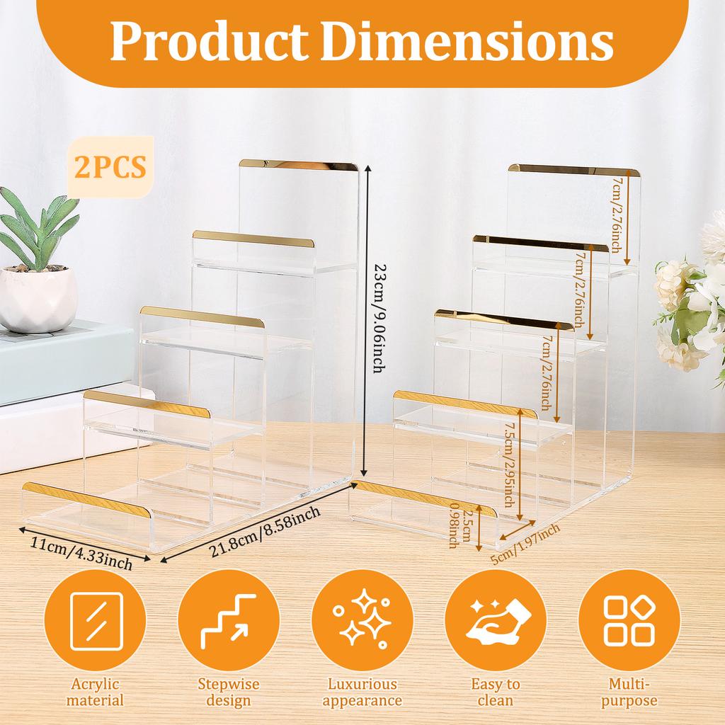 2 Pcs Acrylic Display Stand 3/4 Tier Wallet Display Stand Women Handbag Purse Display Shelf Jewelry Racks Makeup Storage Shelves