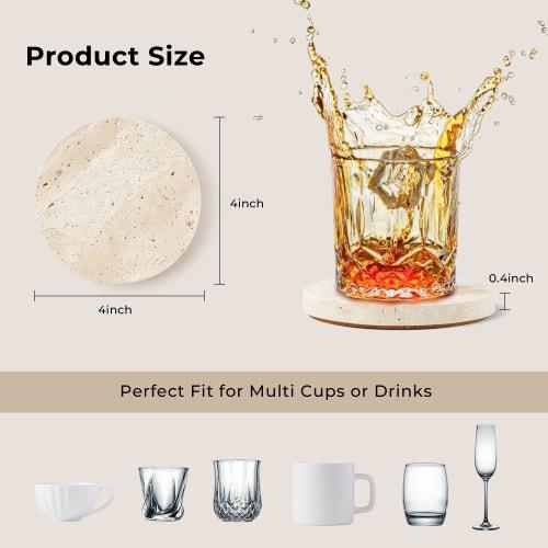 WORHE Sada přírodních travertinových mramorových podtácků, 4-4" kulaté kamenné podtácky na nápoje s protiskluzovou korkovou podložkou, Ideální pro kolaudace, svatby a Prot