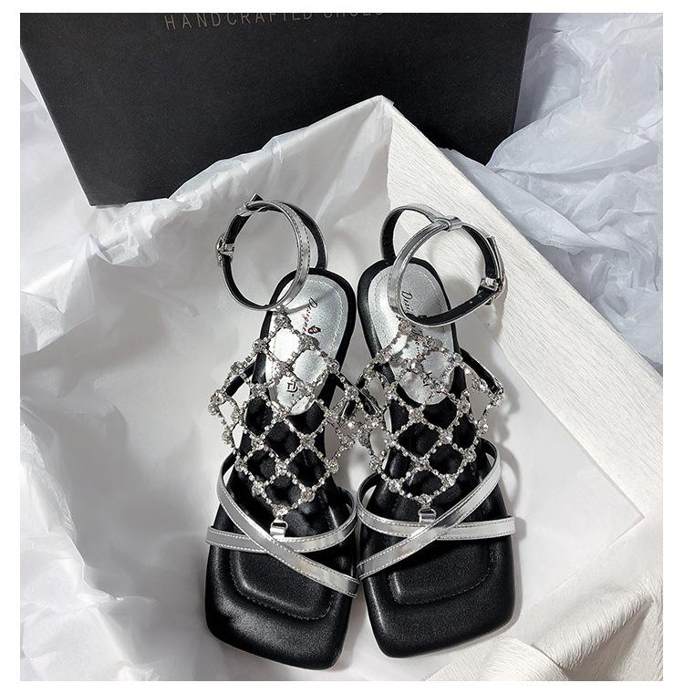 

Senyu Sea Lane, new rhinestone high heel square head thick heel Internet celebrity temperament metallic commuter open-toed sandals women 40 серебряный