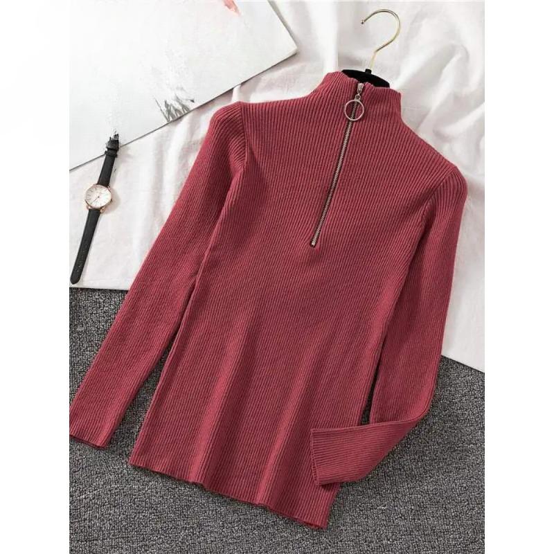 Women Fashion Solid Knitted Sweaters Vintage Long Sleeve Zip-up Basic Half Turtleneck Sweater Female Pullovers Chic Casual Tops