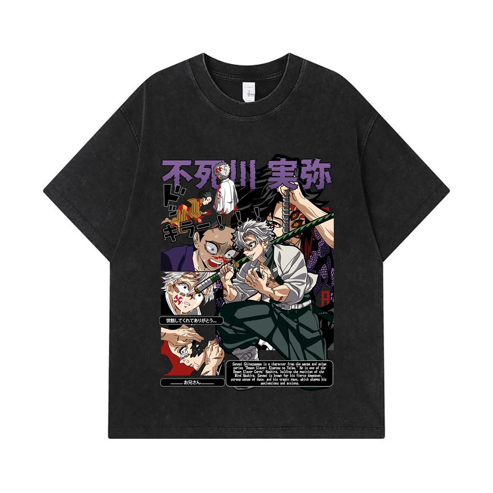 275 GSM Washed T-shirts 100% Cotton Demon Slayer V15 Sanemi Print Unisex Heavy Cotton T Shirt