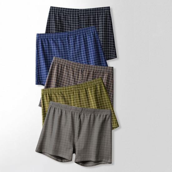 Men Shorts Underwear Elastic Waistband Mid-rise Boxers Briefs Plaid Print U-Convex Loose Fit Panties Homewear