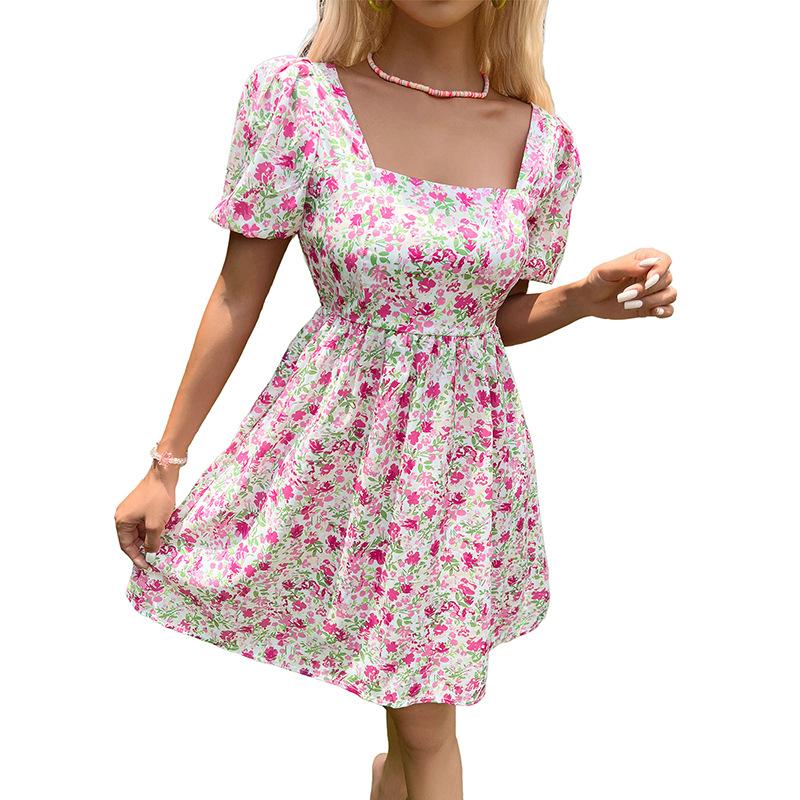 2025 New Summer Sweet Romantic Puff Sleeve Square Neck Floral-Print Dress