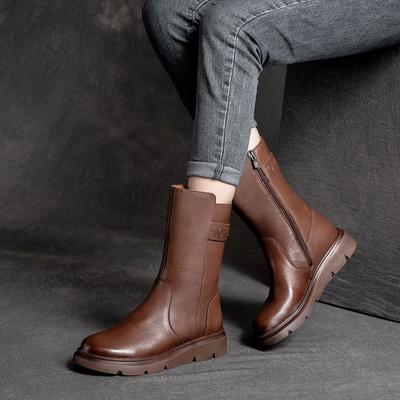 Autumn and Winter Retro Women's Boots Wedge Heel Biker Shoes for Woman Half High Leather Mom Boots with Plush