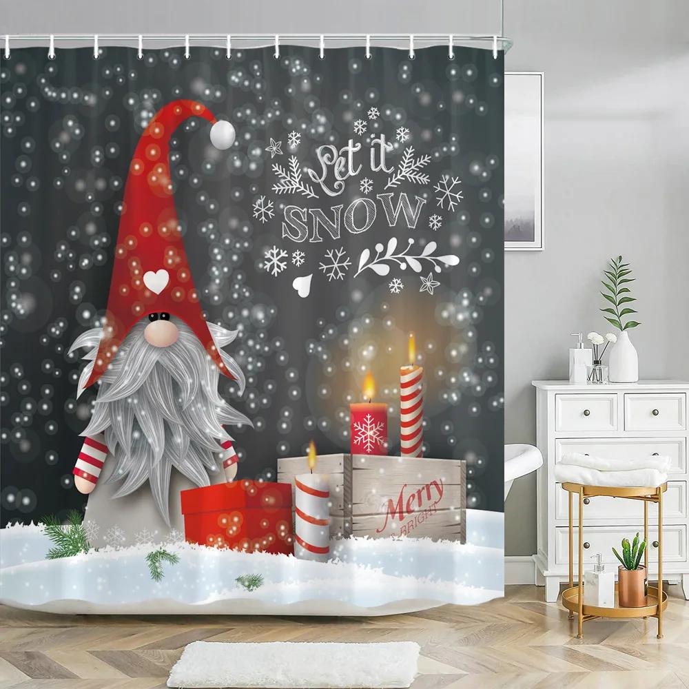 Red Christmas Shower Curtain Xmas Tree Print Bath Home Decor Winter Holiday New Year Bathroom Curtains Hooks Made Of Polyester Washable Washroom Ready