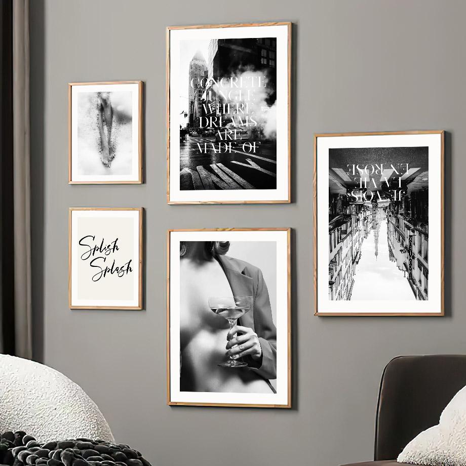 Vintage Black White Pairs City Golden Champagne Girl Wall Art Print Posters Living Room Decoration Home Canvas Painting Pictures