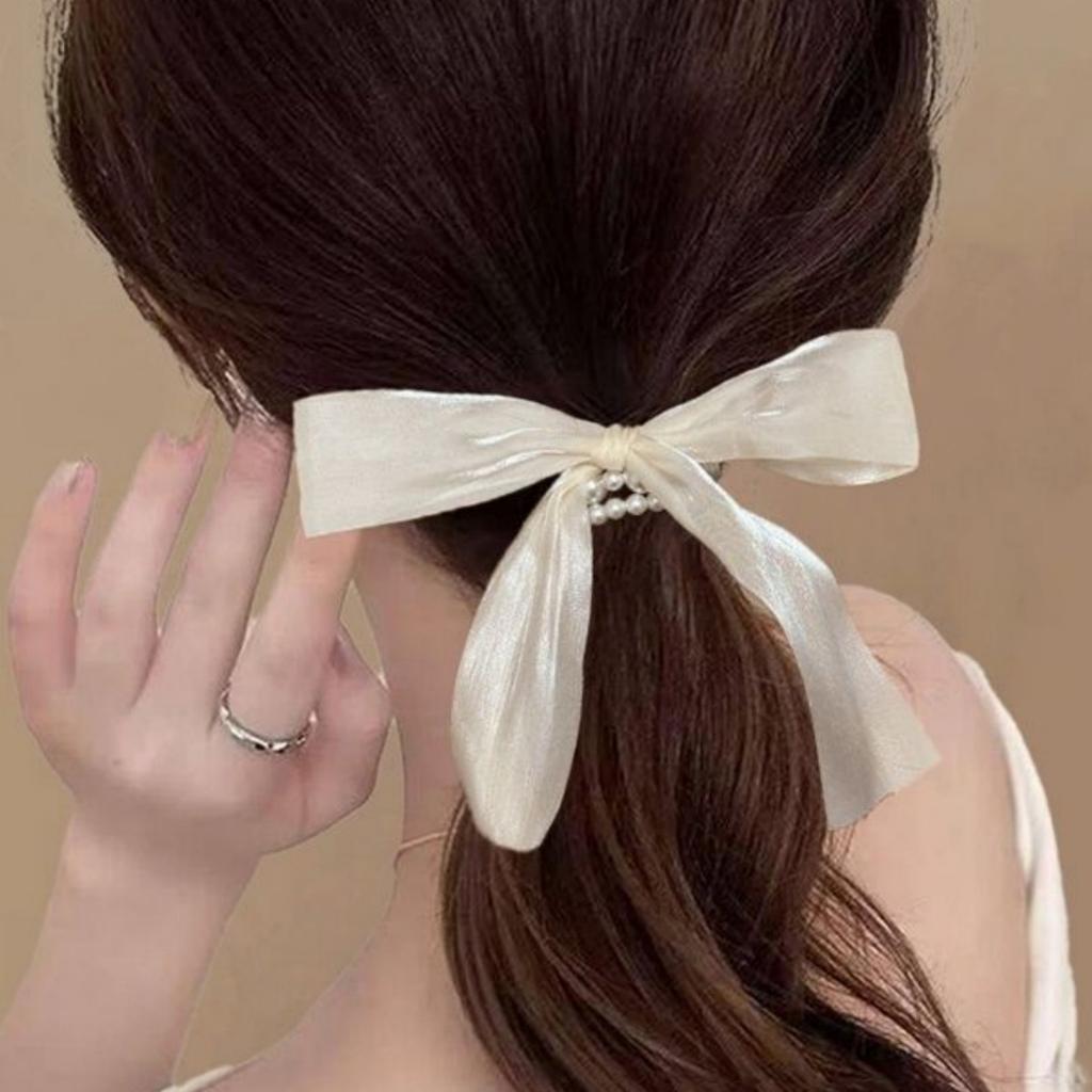 2PCS Super Fairy, Bow, Ribbon, Headband, Fashion, Pearl, Ponytail, Hair Rope, High Elasticity, Durable, Marble Head, Temperament