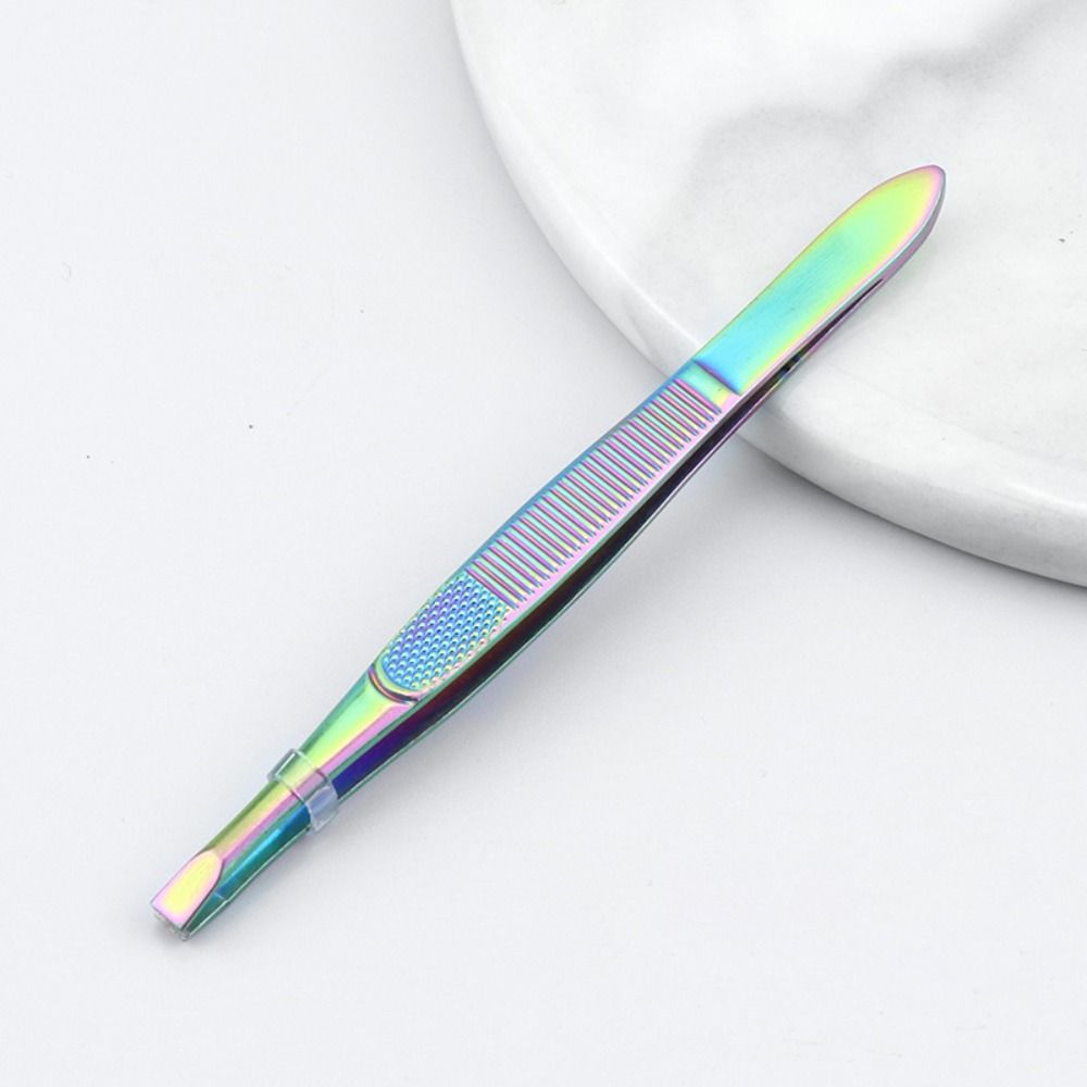 Stainless Steel Eyebrow Trimming Tweezers Slant Tip Plucking Eyelash Curler Flat Tip Mesh Stripe Handle Face Hair Removal Tools