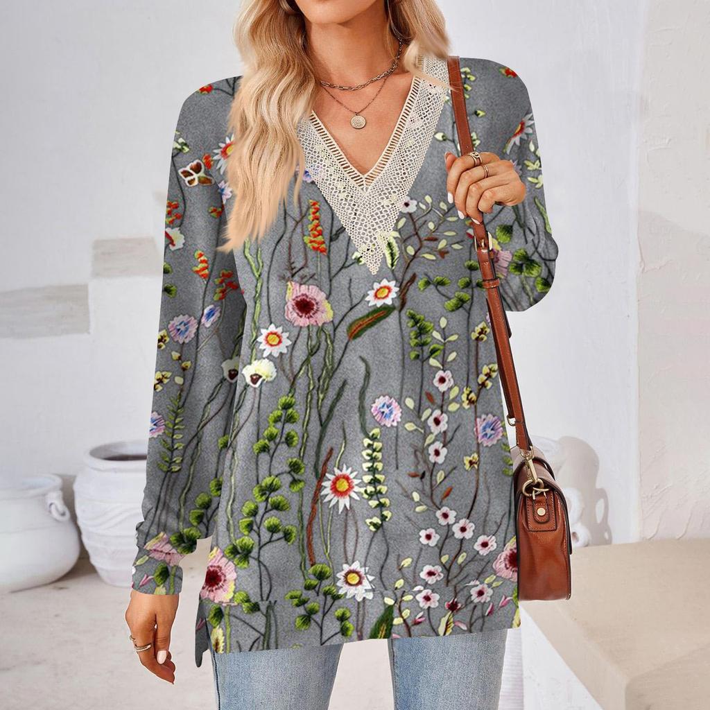 Womens Tops Loose V-neck Contrast Color Split Loose Long Sleeve T-shirt Women's Tops
