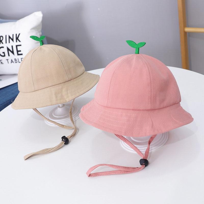 Cute Baby Bucket Hat With Sprout Spring Summer Children  Drawstring Fisherman Hat Solid Color Boys Girls Beach Panama Sun Cap