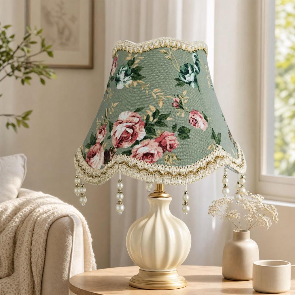 Floral Jacquard Lampshade Light Green with Hanging Bead Ornaments Tapered for Bedside