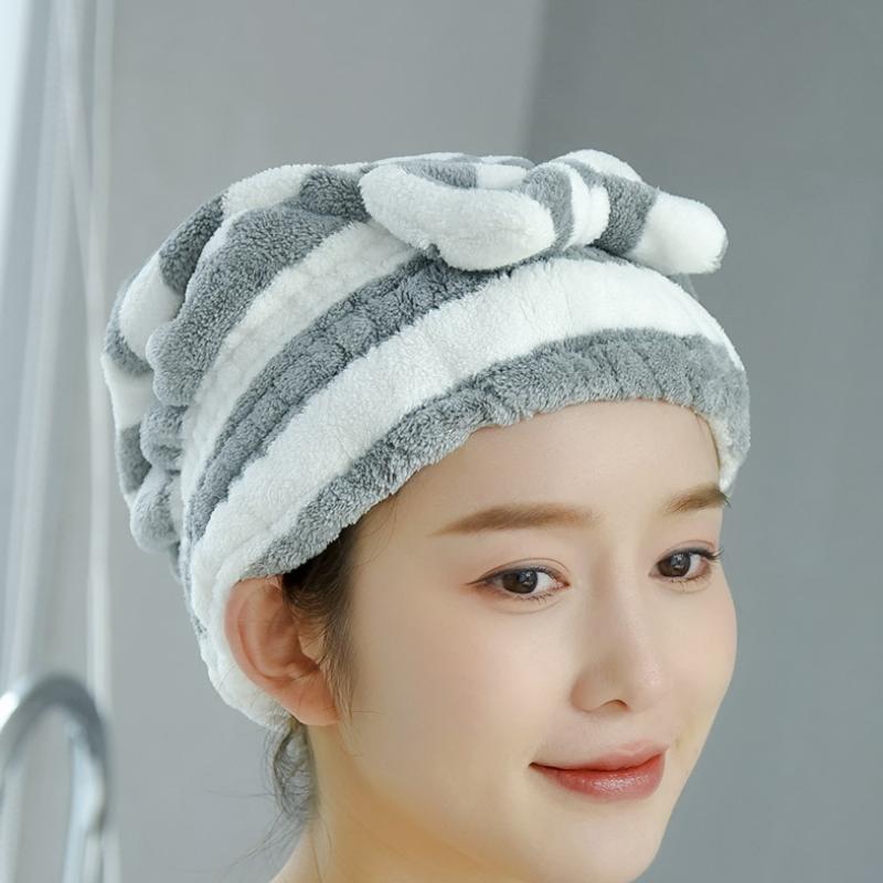 1pc Cute Bow Stripe Hair Hat Magic Microfiber Shower Cap Towel Bath Hats Dry Hair Cap Quick Drying Soft for Lady Turban Head