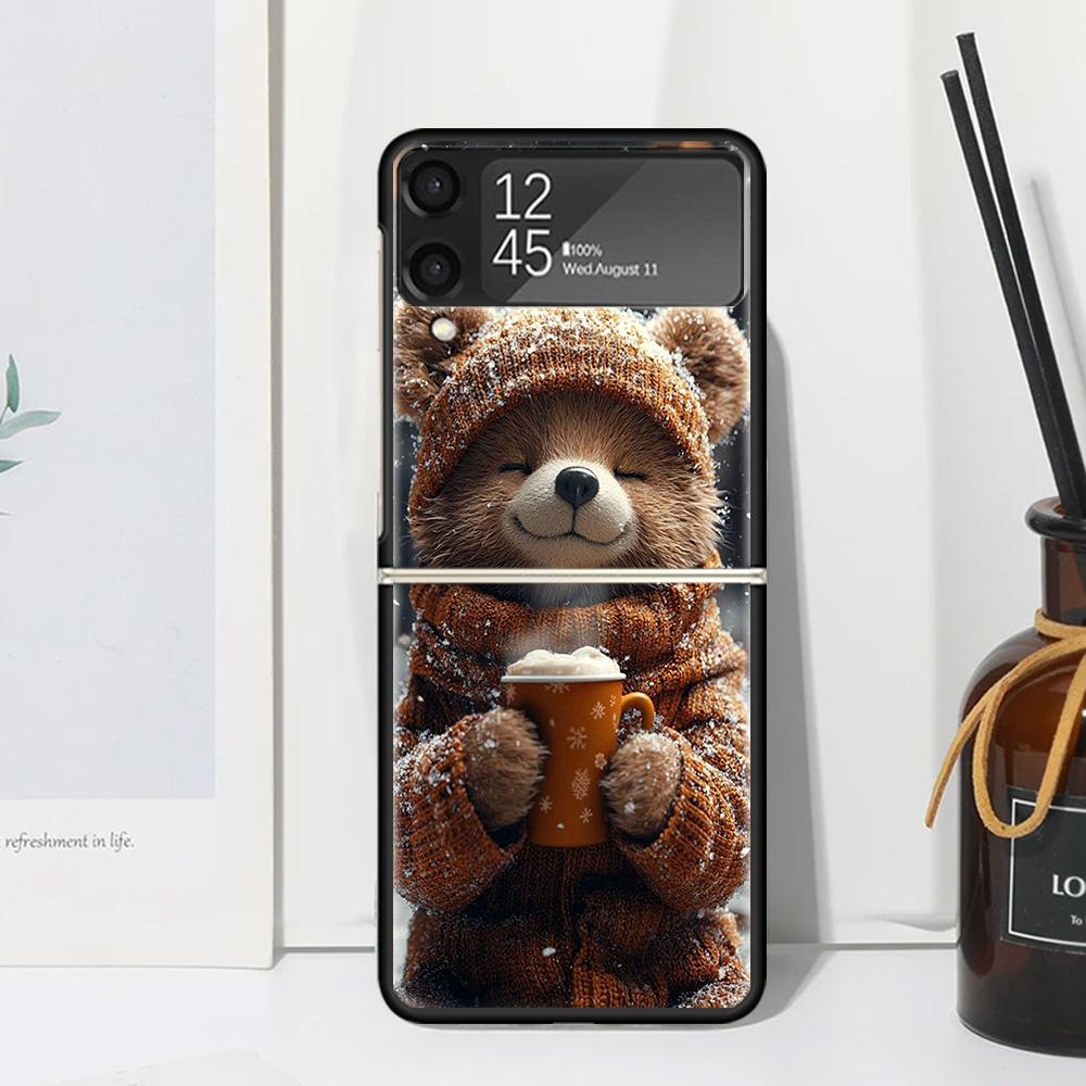 Animal Brown Cute Bear Phone Case Cover for Samsung Galaxy Z Flip 7 6 5 4 3 5G Flip3 Flip4 Flip5 ZFlip6 ZFlip7 Black Fundas Clea