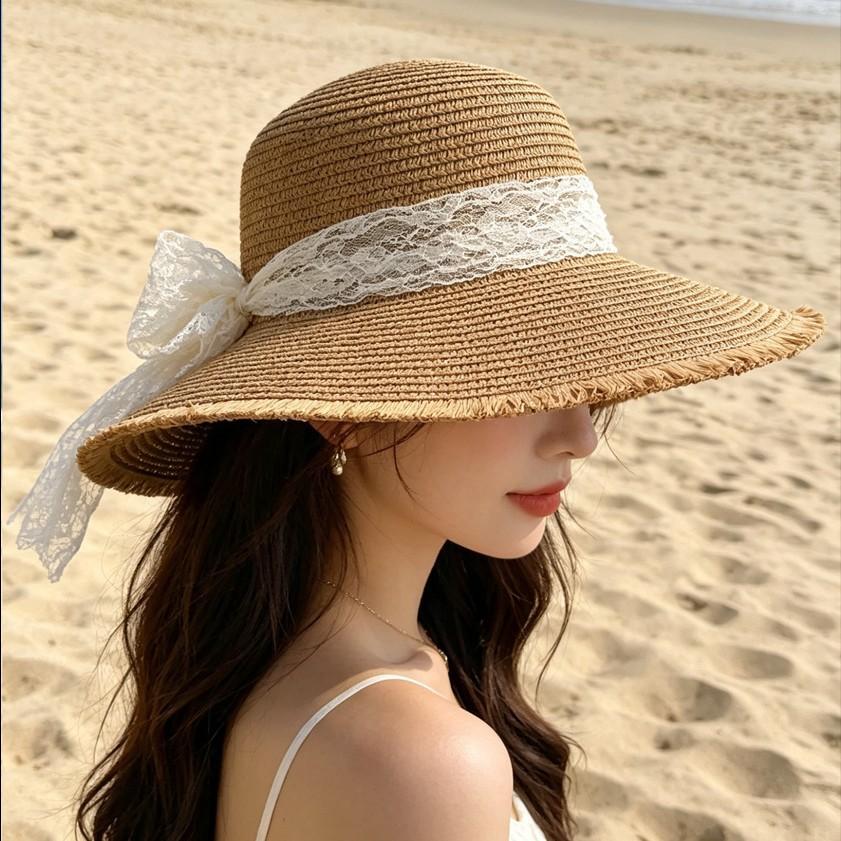 Big-Brimmed Straw Hat Women'S Summer Sunscreen Sun Hat Seaside Vacation Lace Bow Beach Hat Show Face