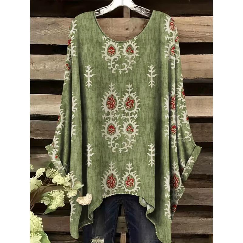 

Women s T-Shirt Vintage Floral Pattern Printed Asymmetrical Hem O-Neck Short Sleeve Top Casual Fashion Street Outdoor Tops 1XL